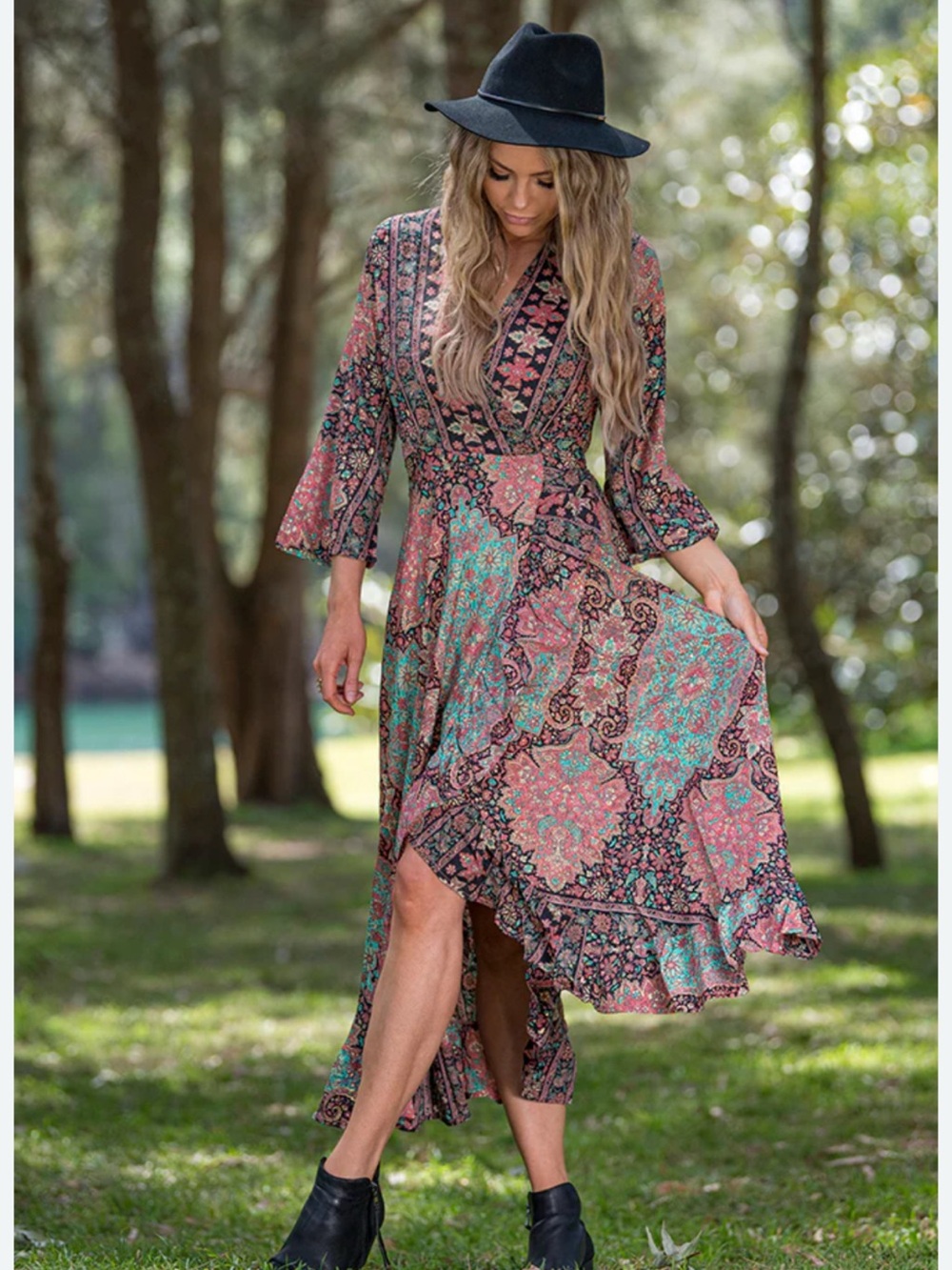 Boho Floral Maxi Wrap Dress in Teal & Dusty Rose